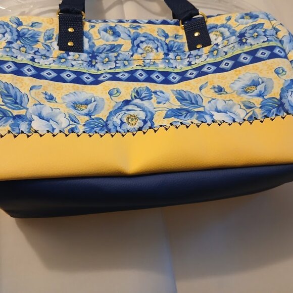 New Blue Yellow Roses Floral Satchel Purse Handbag Vibrant Country Chic Vinyl - Picture 4 of 10